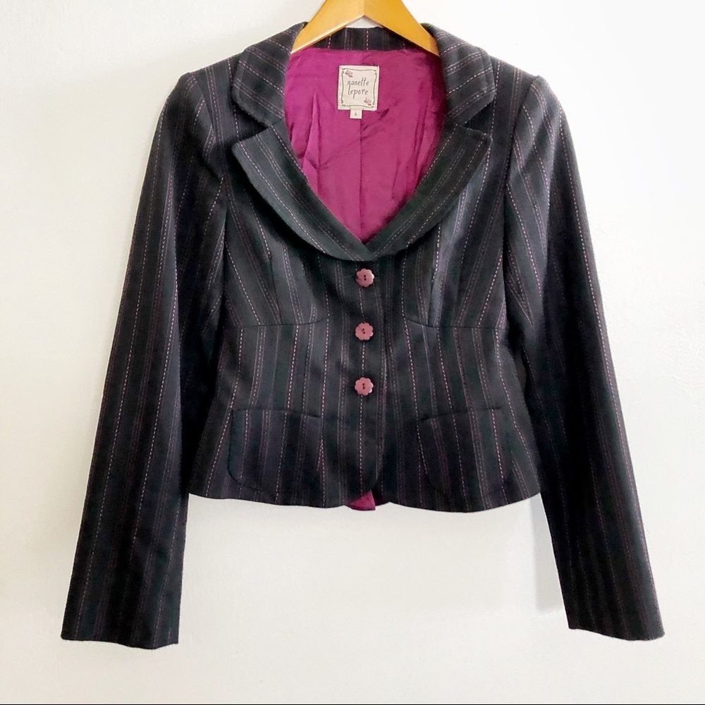 Nanette Lepore Black Maroon Pinstripe Blazer.